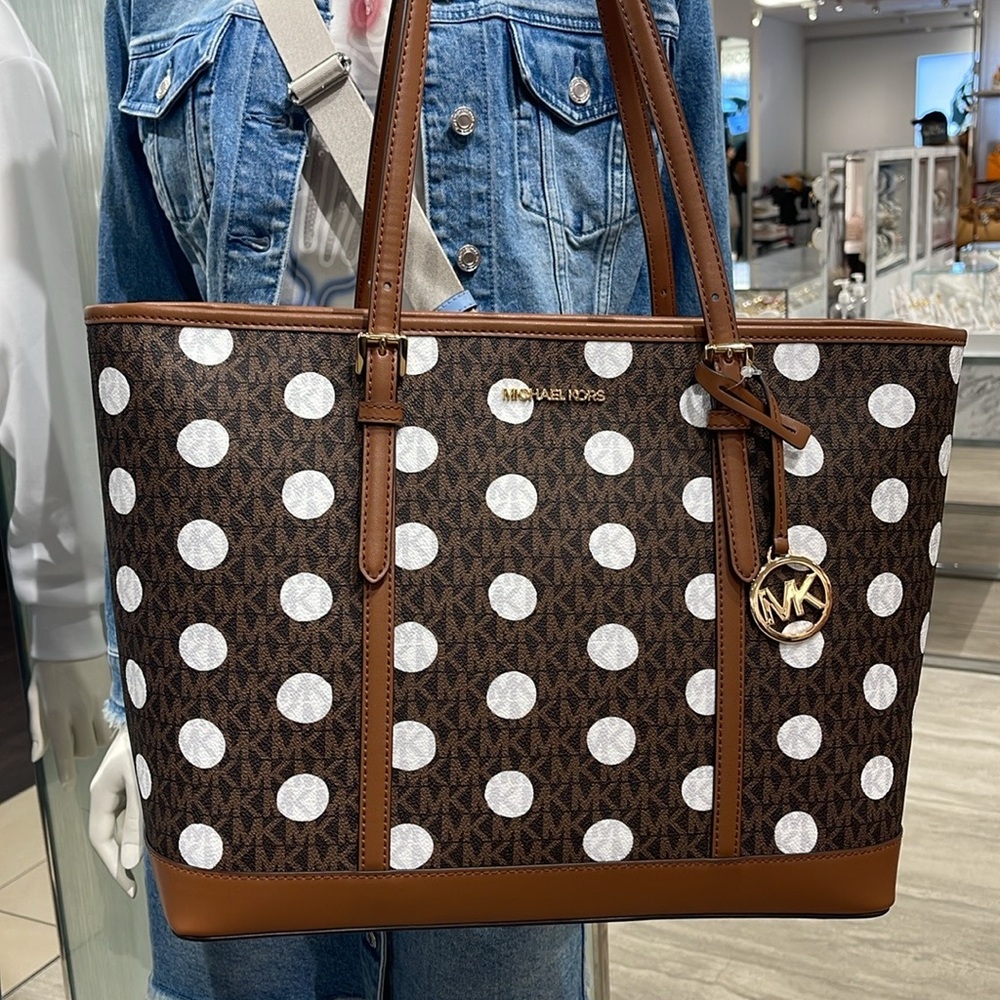 MICHAEL KORS JET SET TRAVEL LARGE TZ SHOULDER TOTE BAG MK BROWN DOTS CARRYALL - Picture 12 of 16